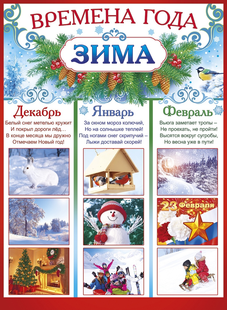 Включи декабрь январь. Зимние месяцы для детей. Зимние плакаты для детского сада. Плакат времена года зима. Зимний календарь для детей.